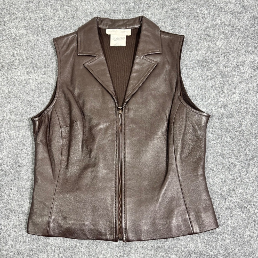 Casual Corner Leather Vest Zip Front Ribbed Back Womens Size M Brown Leather EUC